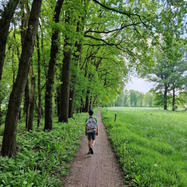 Vanaf de boerderij loop je zo de natuur in. We liepen bij de uitgang van het boerenerf naar links. Vervolgens volgden we het groene Klompenpad Norderpad naar Putten. Dit wordt ook wel het Volenbekervoetpad genoemd. Een mooie wandeling door een coulissen landschap van bos en weilanden. 