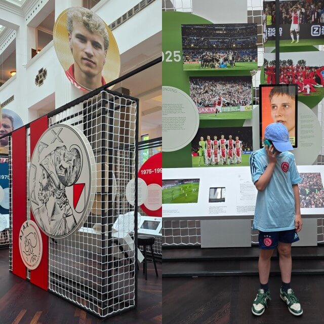 Ajax bestaat 125 jaar, daarom is er een tentoonstelling in het Stadsarchief. In foto's, filmpjes en interviews reis je met een audiotour door de geschiedenis van de club. Er is een 10+ kidstour, speciaal voor kinderen. Maar de twee 13-jarigen die ik meenam luisterden met veel plezier naar de volwassen audiotour. We waren ongeveer 2 uur bezig met die audiotour.
