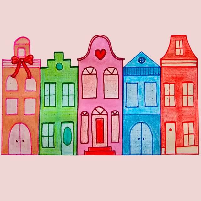 Deze winterhuisjes of grachtenpanden tekenden we natuurlijk met een strikje en een hartje op de gevel.