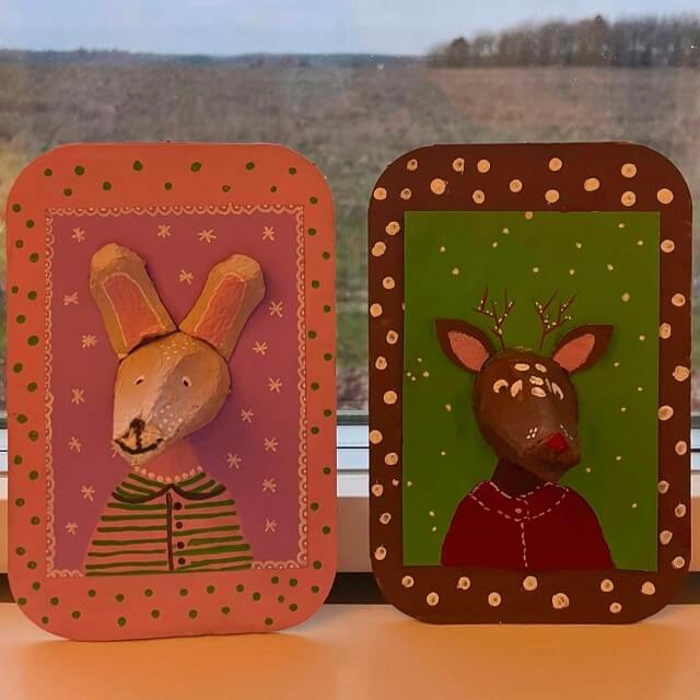 Kerst knutselen: heel veel ideeën voor peuters, kleuters, kinderen, tieners. Marijke maakte deze mini eierdoos schilderijtjes van een rendier/hert en een konijn als voorbeeld voor haar schoolklas.