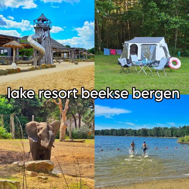 Lake Resort Beekse Bergen: luxe camping en vakantiehuizen. Wauw dit is gewoon in Nederland! Wij gingen kamperen in Afrikaanse sferen op Lake Resort Beekse Bergen. Het ligt aan een mooi zwemmeer, het terras van het restaurant en de strandspeeltuin zijn hier ook. Binnen zijn er nog een zwembad en een binnenspeeltuin. Daarnaast ben je met het treintje zo in het Safaripark en in Speelland Beekse Bergen.