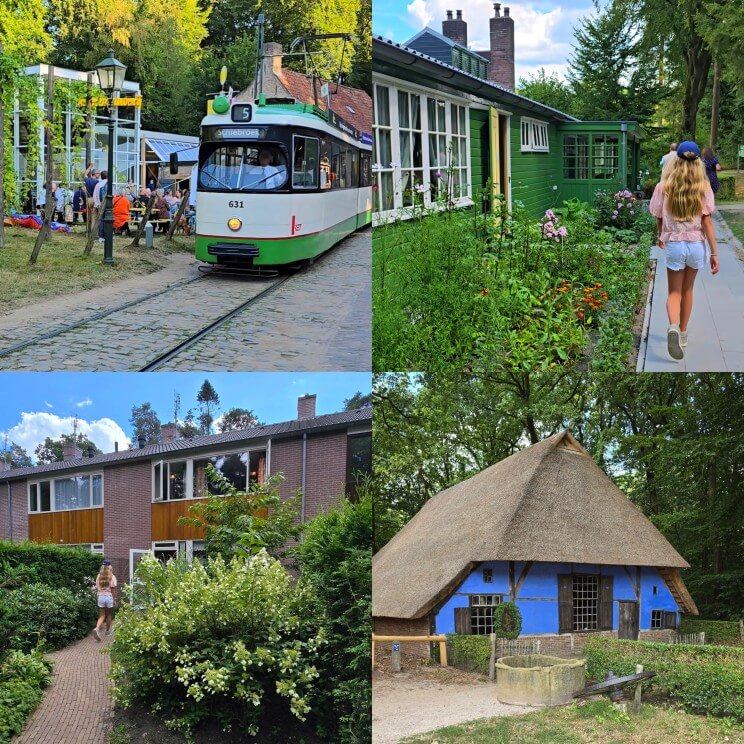Bij het Nederlands Openluchtmuseum in Arnhem waan je je terug in de tijd. Je gaat langs gebouwen en dorpen uit allerlei tijden. Dat zijn bijvoorbeeld oude boerderijen en molens, maar ook recentere doorzonwoningen of zo'n typische stacaravan. Je kunt door het park wandelen, maar je kunt ook een historische tram pakken.