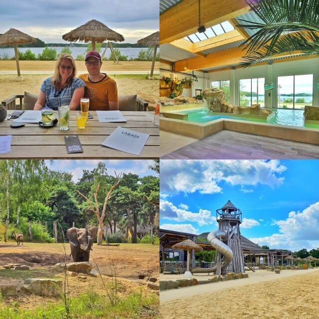 Lake Resort Beekse Bergen: luxe camping en vakantiehuizen. Wauw dit is gewoon in Nederland! Wij gingen kamperen in Afrikaanse sferen op Lake Resort Beekse Bergen. Het ligt aan een mooi zwemmeer, het terras van het restaurant en de strandspeeltuin zijn hier ook. Binnen zijn er nog een zwembad en een binnenspeeltuin. Daarnaast ben je met het treintje zo in het Safaripark en in Speelland Beekse Bergen.